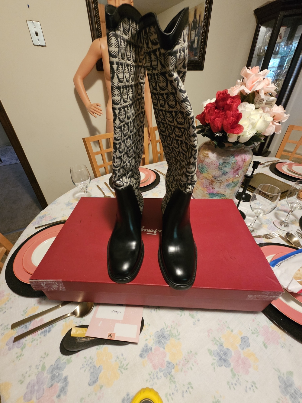 NIB Salvatore Ferragamo Brebbia Tall Riding Boots Logo Fabric Black Leather